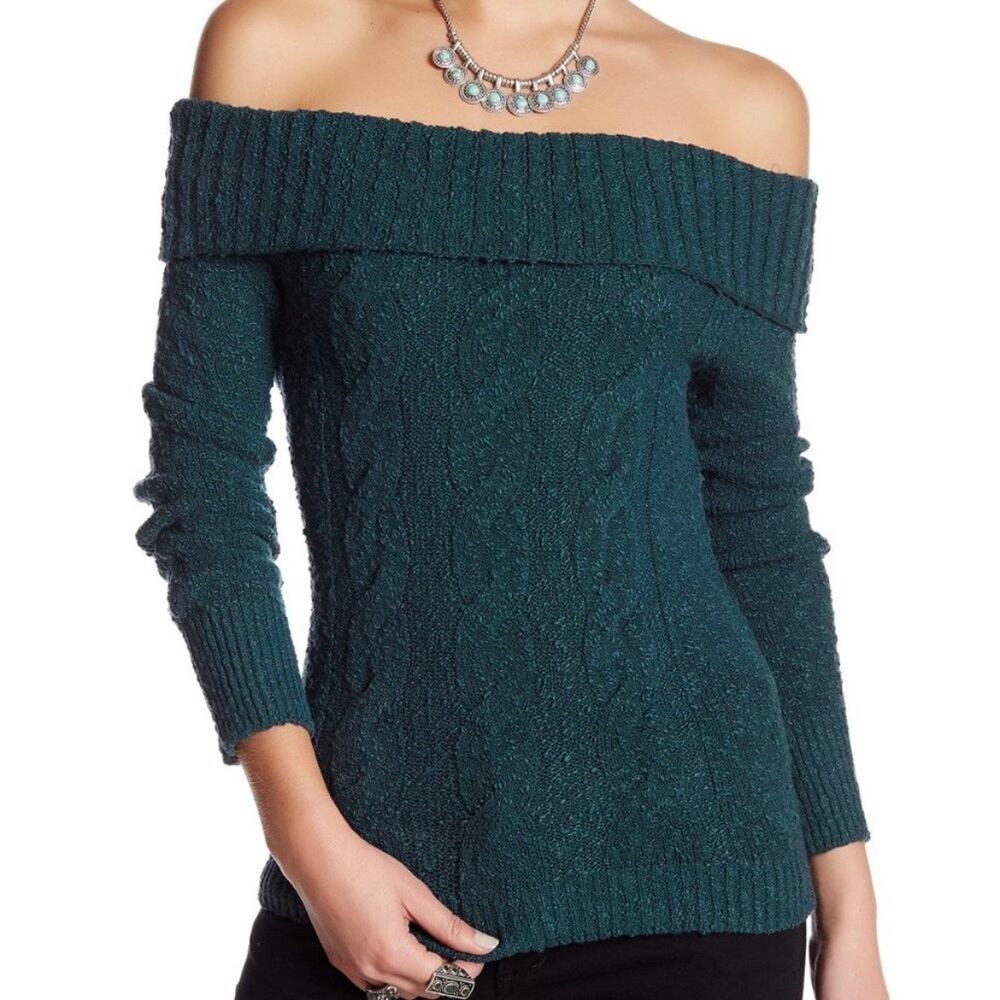 Free People Cable Fold Over Sweater in Deep Jade - size XS